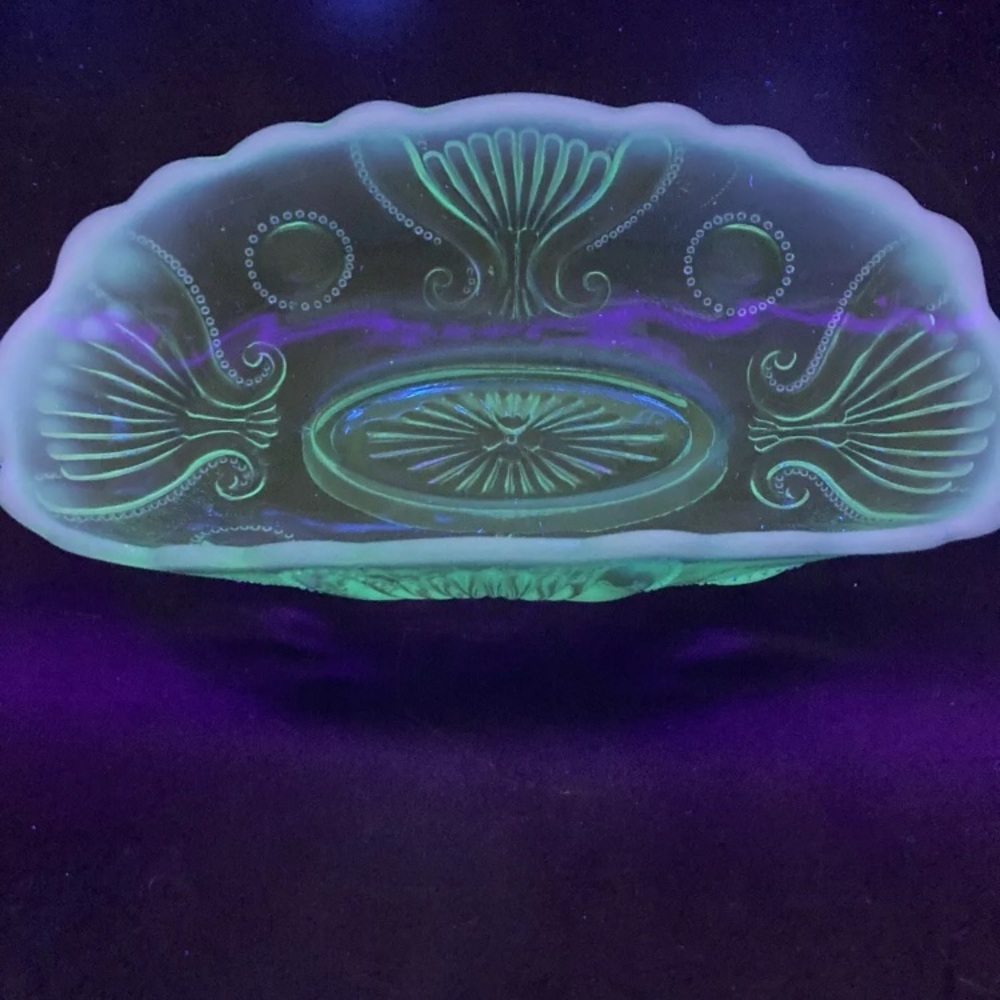 Jefferson Glass Jewel & Fan Banana Bowl Blue Opalescent Glass Antique Dish Glow